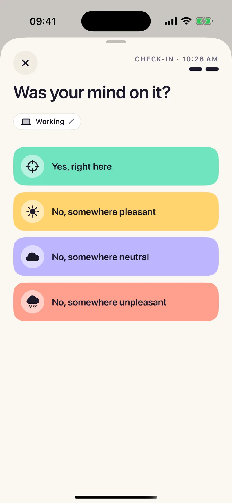 Mindwhere's check-in asking “Was your mind on it?”, with four answers: yes, right here; no, somewhere pleasant; somewhere neutral; somewhere unpleasant.